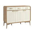 **Technische titel in het Nederlands:** Modern houten dressoir met witte deuren en goudkleurige handgrepen.
