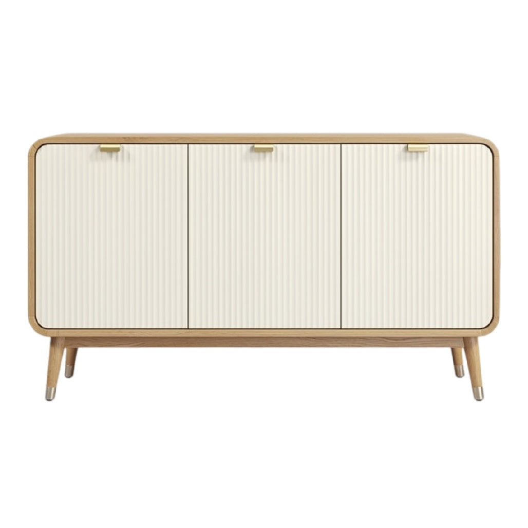 **Technische titel in het Nederlands: Moderne houten dressoirkast met ribbelpatroon en metalen handgrepen**