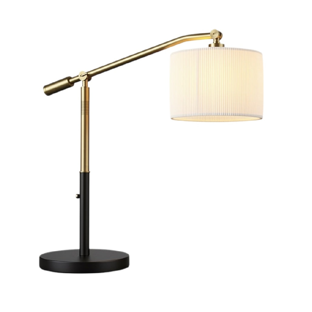 **Technische titel in het Nederlands:** Moderne tafellamp met verstelbare arm en een elegante wittetextiel lampenkap.